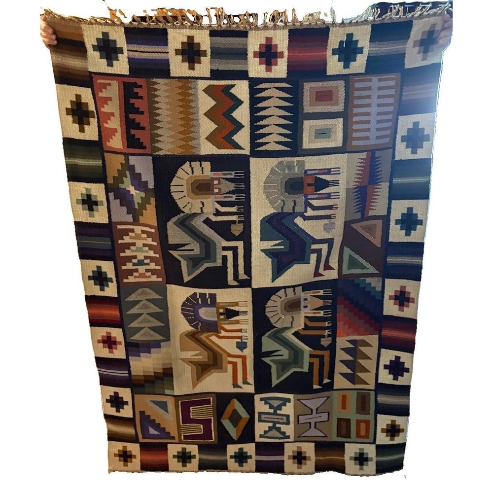 Vintage Peruvian Pictorial Wool Kilim Wall Hanging Tapestry Rug 59" X 42"